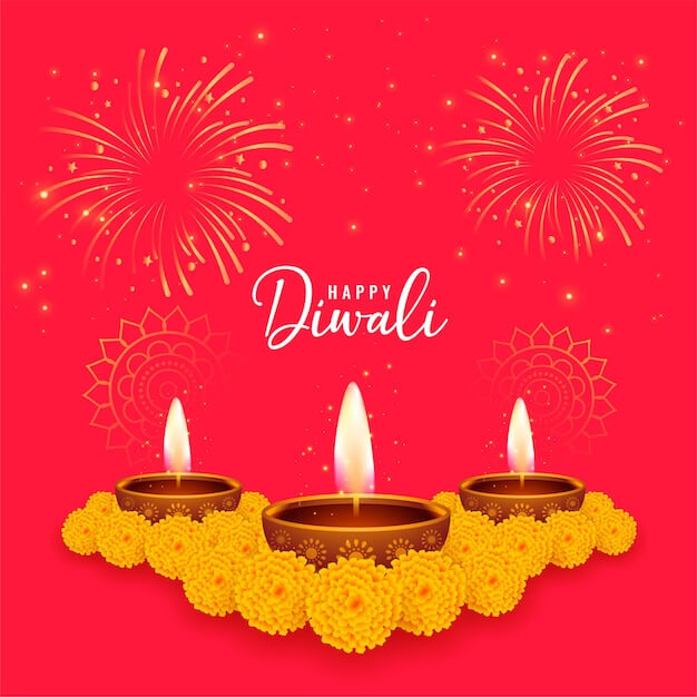 red happy diwali wishes card with marigold flower
