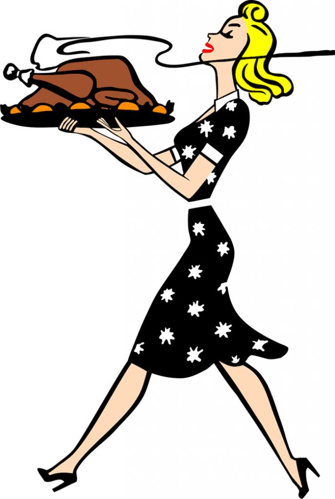 Retro style graphic of woman carrying thanksgiving dinner