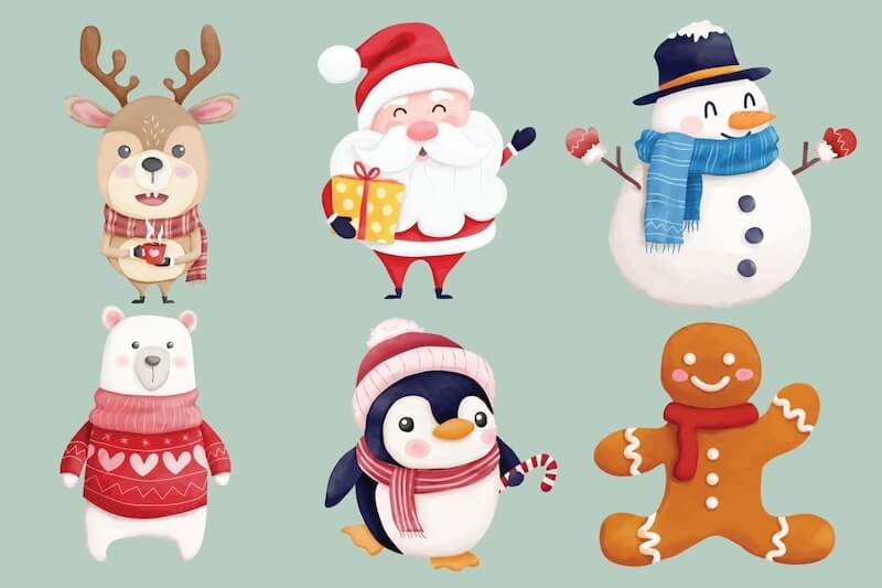 watercolor christmas characters set free vector