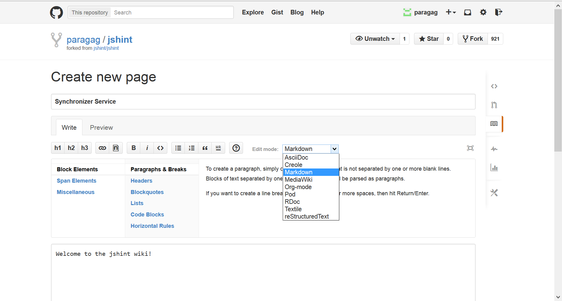 BitBucket Wiki Create Page Markdown Syntax options