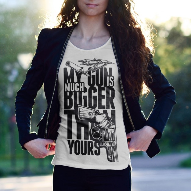 Female model wearing t-shirt mockup front