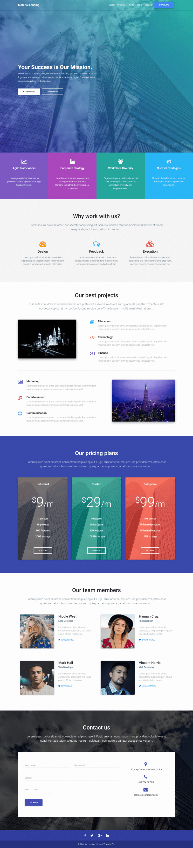 Free Material Design Landing Page Template built with Bootstrap - Super ...