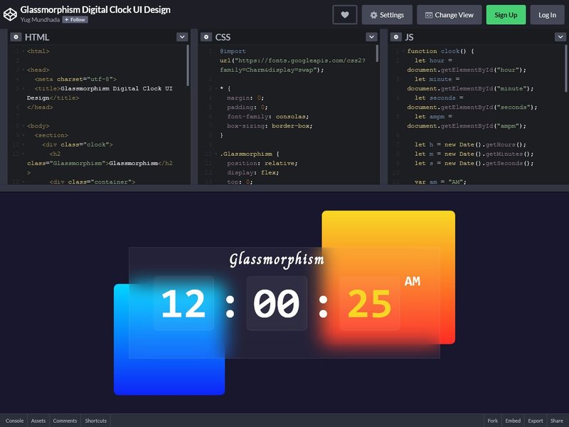 Glassmorphism Digital Clock UI