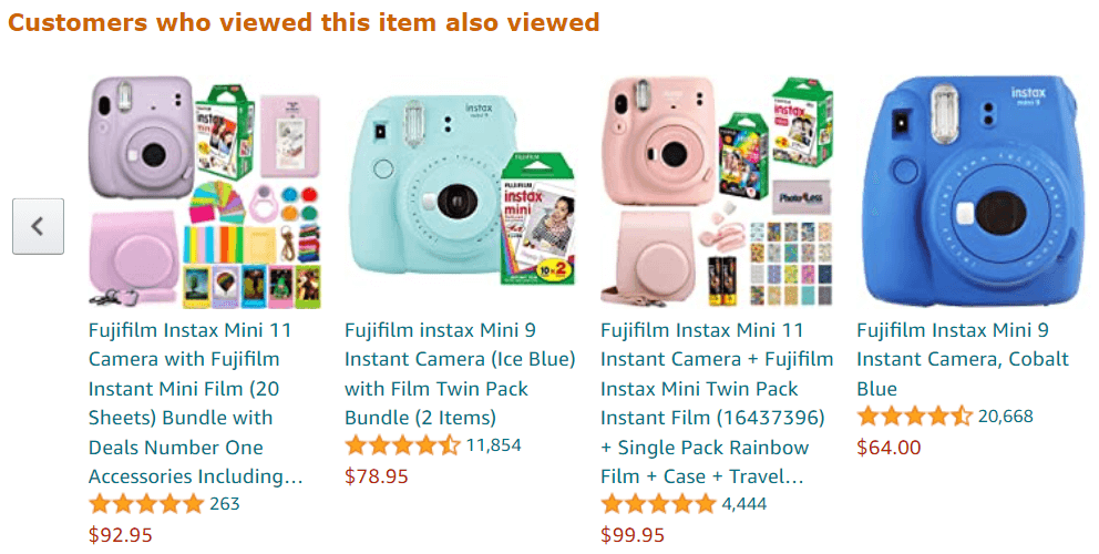 Polaroid cameras in cobalt blue, pink, violet, and ice blue with star ratings and prices