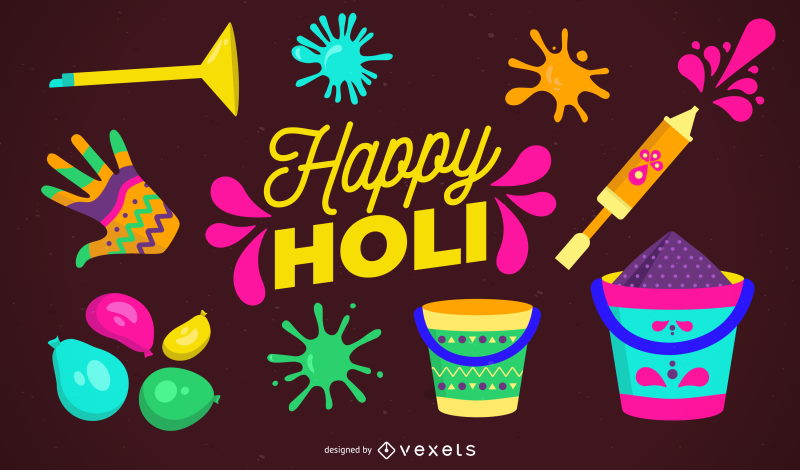 happy holi card water balloons colors