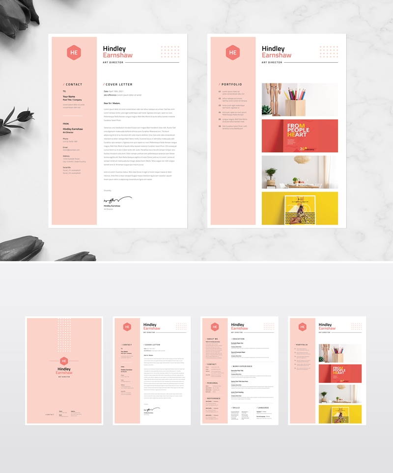 professional resume cover letter cv with pink sidebar preview