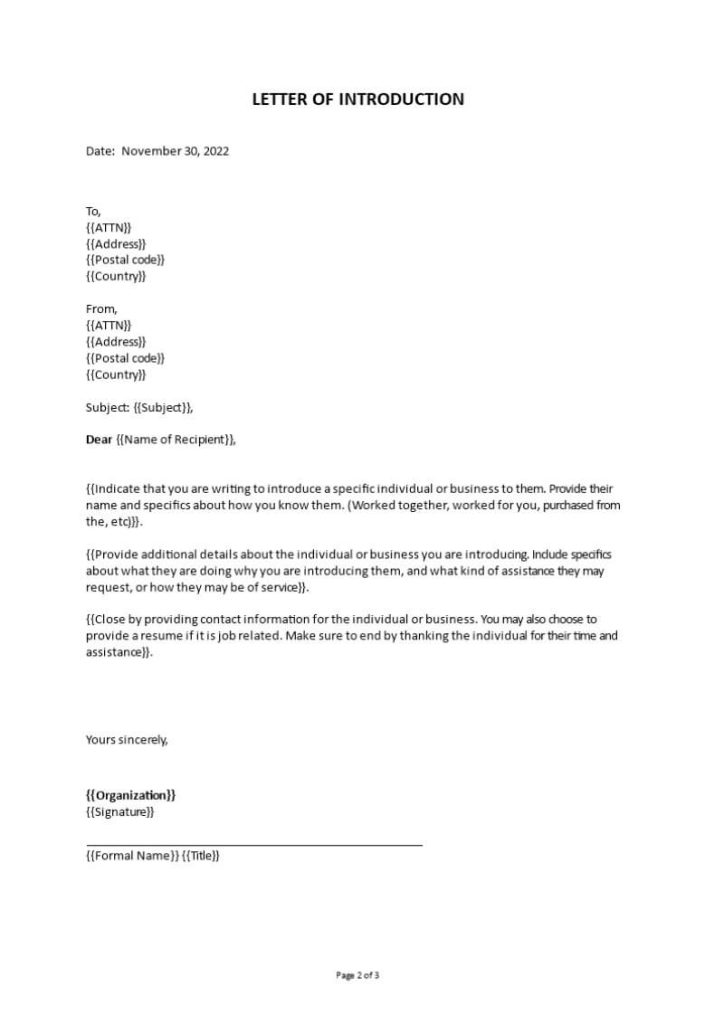 Cover Letter of Introduction Template