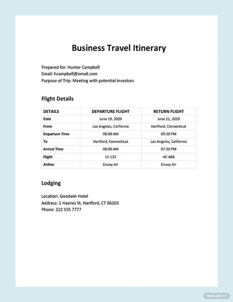 Sample Business Travel Itinerary Template