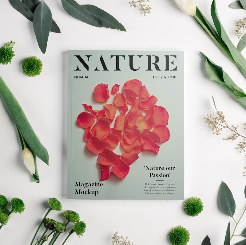 free magazine flowers mockup