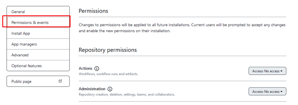 A screenshot of the permissions and events page where you can assign repository permissions.