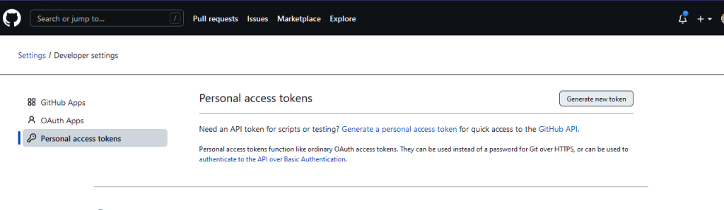 A screenshot of the personal access tokens page where you can generate new tokens.