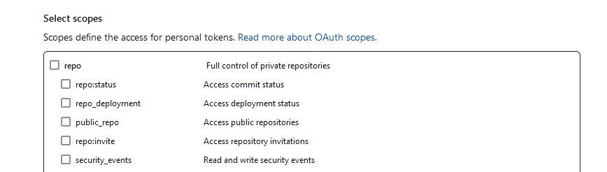 A screenshot of the page asking you to select scopes to define access for personal tokens.
